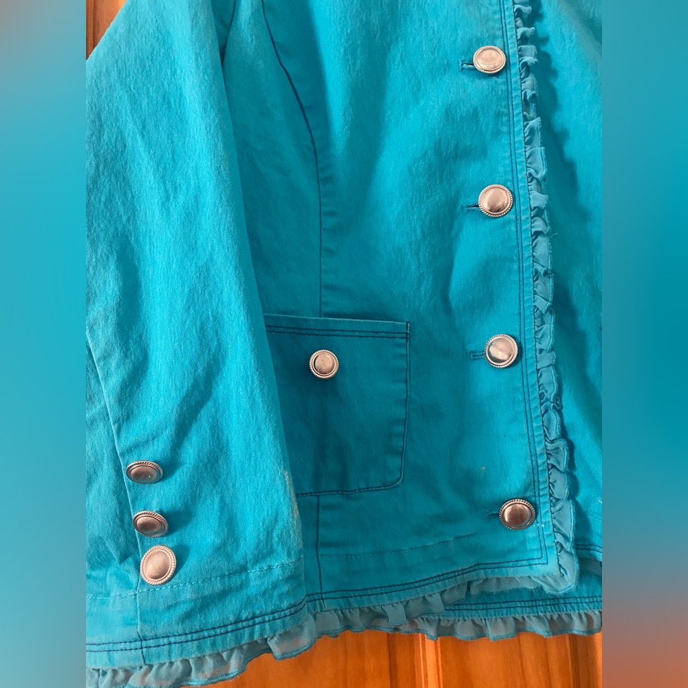 Joan Rivers Turquoise Ruffle Trim Jacket Silver Buttons Size 10 - Picture 2 of 9